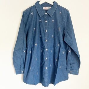 NWT Quacker Factory Blue Denim Cotton Long Sleeve Gem Embellished Blouse Large